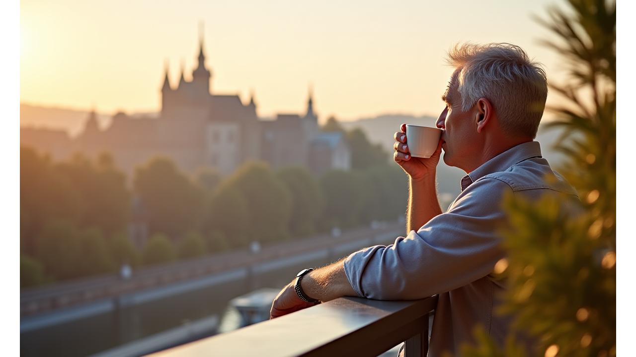 Mężczyzna relaksuje się przy kawie na balkonie z widokiem na Wawel, ciepłe światło poranka.