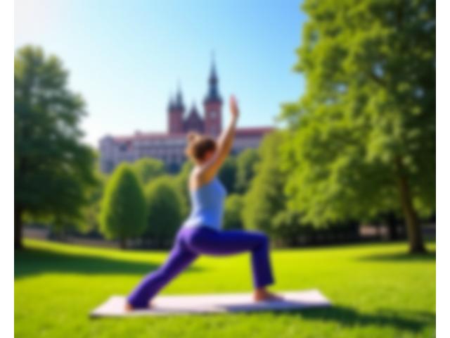 Osoba ćwicząca jogę na świeżym powietrzu, w tle Wawel.