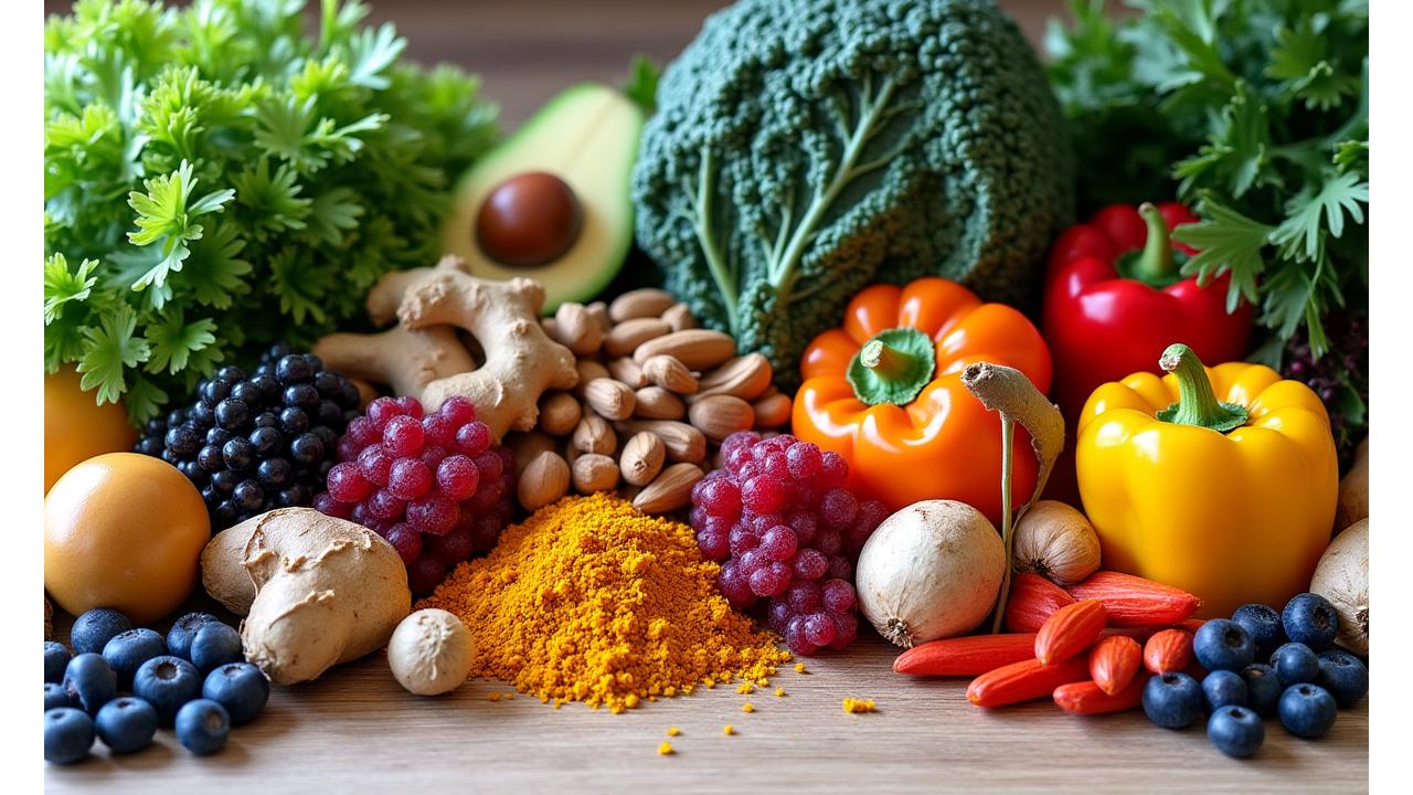 Kolorowe, świeże warzywa, owoce i superfoods ułożone artystycznie na drewnianym stole, symbolizujące zdrowie i witalność