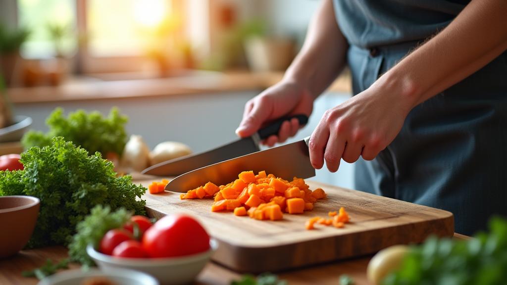 Dłonie osoby przygotowującej zdrowy posiłek w kuchni, krojącej świeże warzywa functional food na desce do krojenia, z widocznymi ziołami i przyprawami