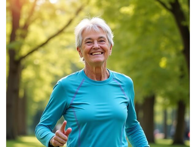 Aktywny senior uprawiający nordic walking w Parku Jordana w Krakowie
