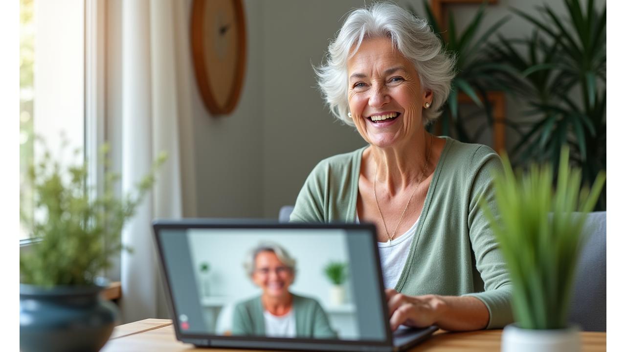 Starsza kobieta uśmiechająca się i rozmawiająca z ekspertem wellness przez laptopa, symbolizująca łatwy kontakt i wsparcie online.