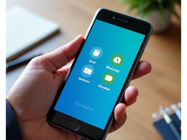 Ręka trzymająca smartfona z ikonami wiadomości, telefonu i e-maila, symbolizująca różnorodne opcje kontaktu.