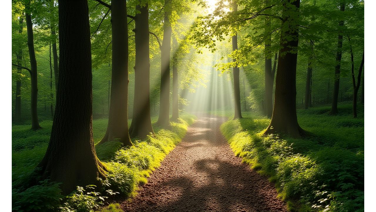 Spokojna leśna ścieżka otoczona bujną zielenią, zapraszająca do spaceru i głębokiego oddechu.