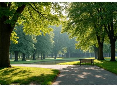 Zaciszny, zielony park miejski w Krakowie z alejkami i spokojnym strumieniem, zapewniający ulgę od zgiełku miasta.