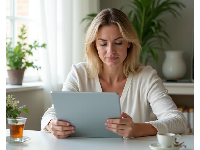 Kobieta wypełniająca ankietę wellness na tablecie, obok filiżanka ziołowej herbaty, symbolizująca proces personalizacji planu zdrowotnego.