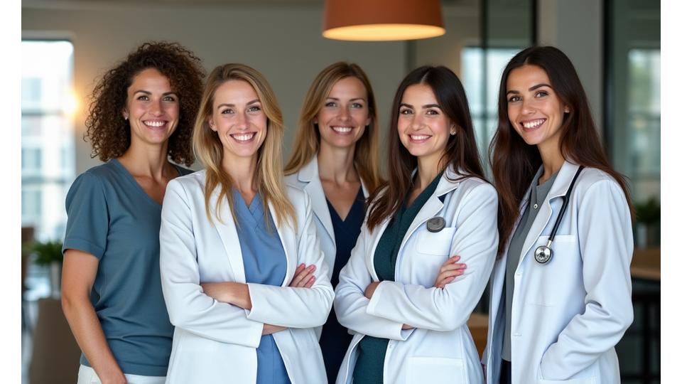 Grupa uśmiechniętych ekspertów wellness, w tym dietetyk, trener i psycholog, patrzących zachęcająco, symbolizująca kompleksowe wsparcie.