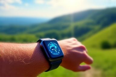 Smartwatch na nadgarstku osoby trenującej na świeżym powietrzu, w tle zielone wzgórza, symbolizujący zdrowy styl życia i technologię.