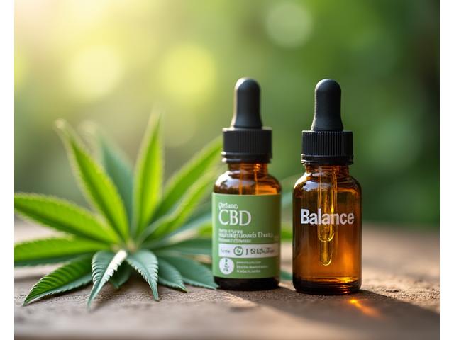 Butelka organicznego olejku CBD z liśćmi konopi na spokojnym, drewnianym tle, miękkie, naturalne światło.